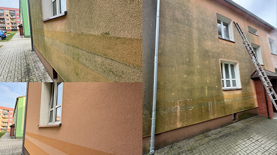Veralgte Putzfassade in Guben neben derselben Fassade nach der Reinigung
