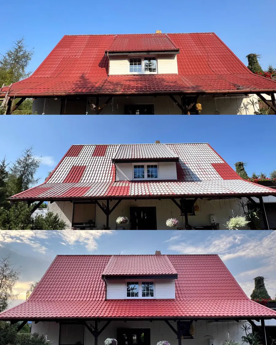 Rotes Metalldach vor, während und nach der fachgerechten Bearbeitung