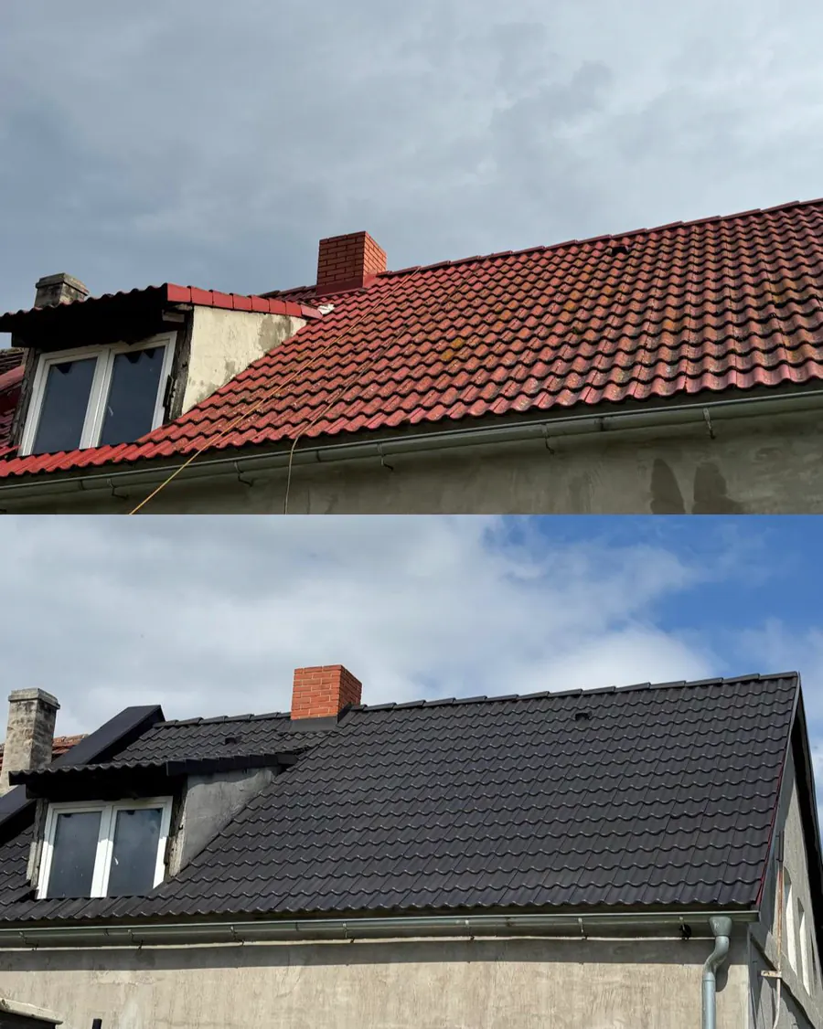 Wohnhausdach vor und nach einer anthrazitfarbenen Dachbeschichtung