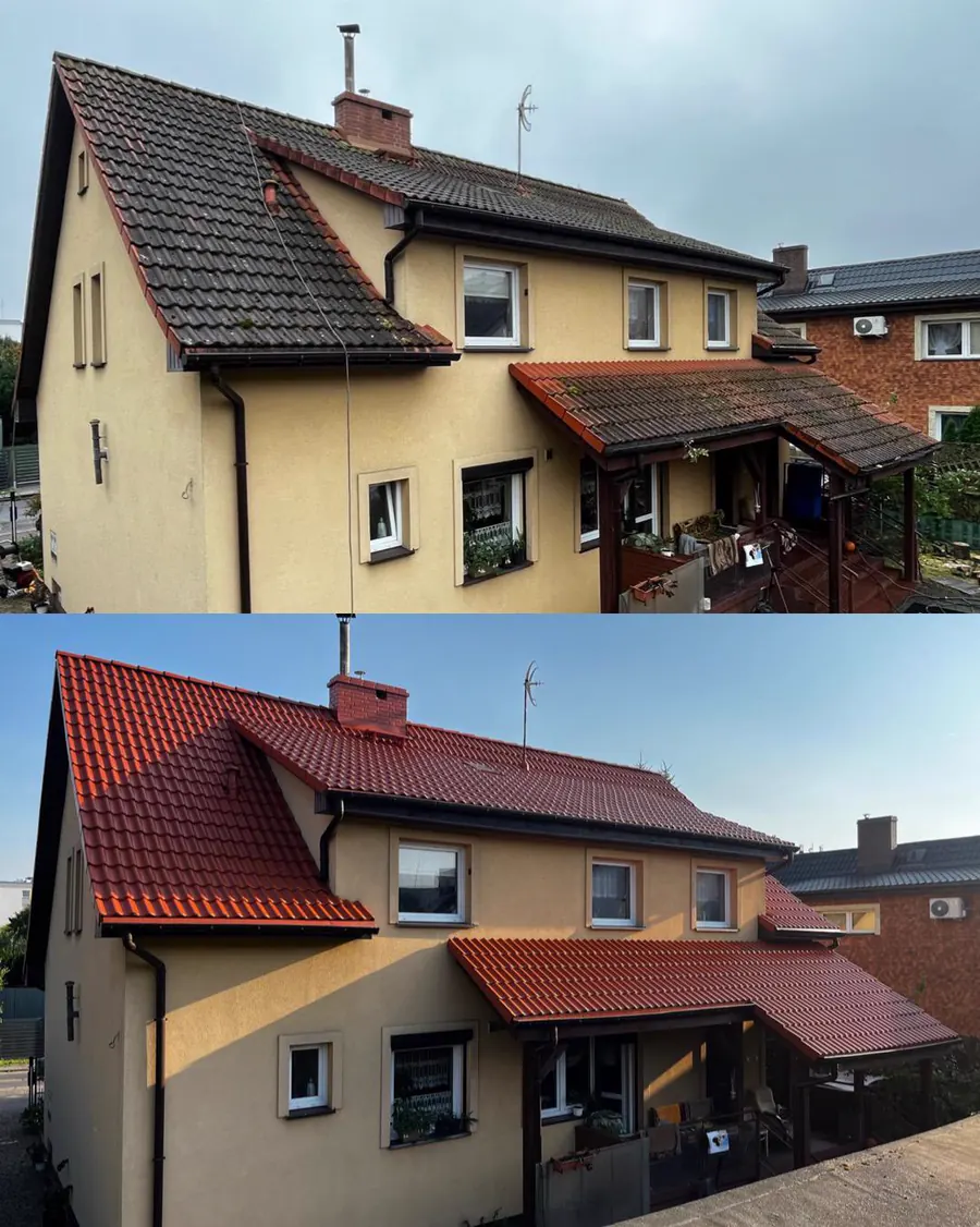 Dach eines Wohnhauses vor und nach einer klassikroten Beschichtung