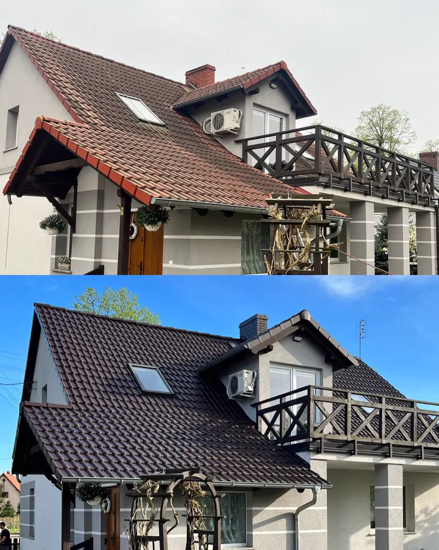 Wohnhaus mit Dach vor und nach einer dunkelbraunen Beschichtung