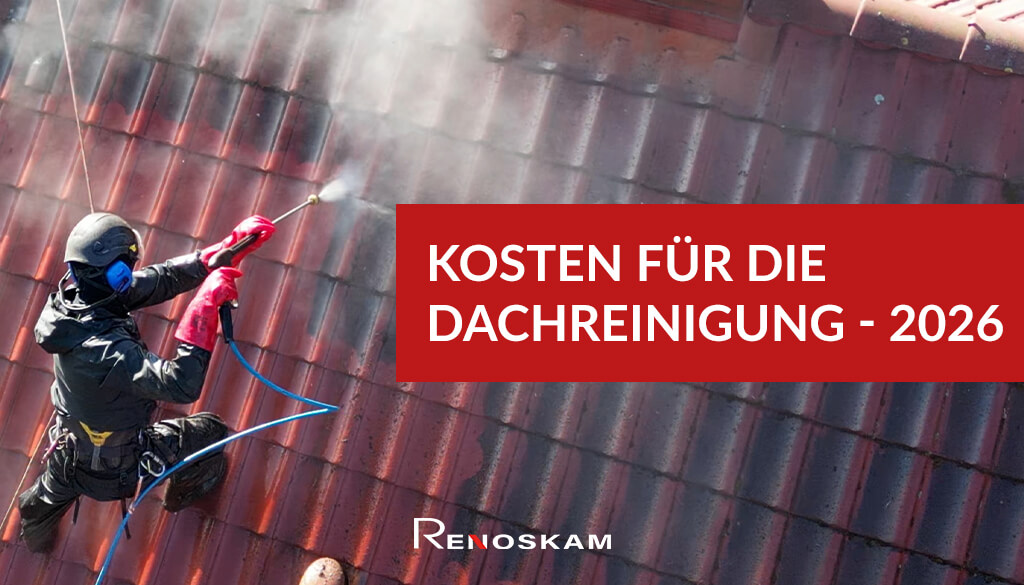 Kosten für die Dachreinigung 2026 – Facharbeiter reinigt ein Ziegeldach mit Hochdruckreiniger, Schutzkleidung und Sicherheitsseil, professionelle Dachreinigung durch Spezialfirma, Preisübersicht und Leistungen Dachpflege.
