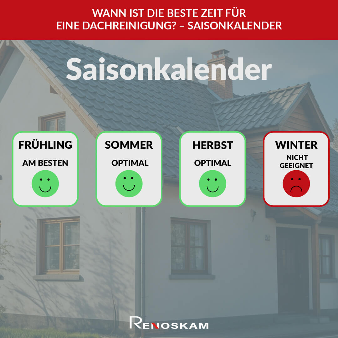 Eine Infografik die davon spricht wann die beste Zeit für eine Dachreinigung je nach Saisonkalender ist
