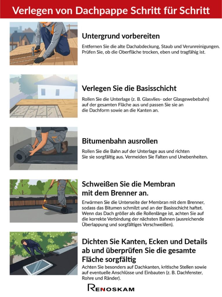 Infografik Anleitung zum Schweißbahn verlegen Schritt für Schritt
