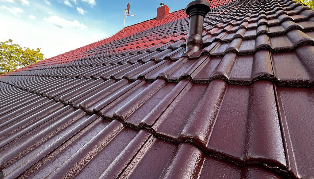 Detailaufnahme eines beschichteten Betondachs mit glänzender, gleichmäßig aufgetragener Beton Dachziegelfarbe in Rotbraun