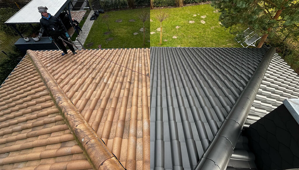 Vorher/nachher Fotos wie ein Dach nach der Beschichtung von oben aussieht, Graue Farbe für Keramik Dachziegel