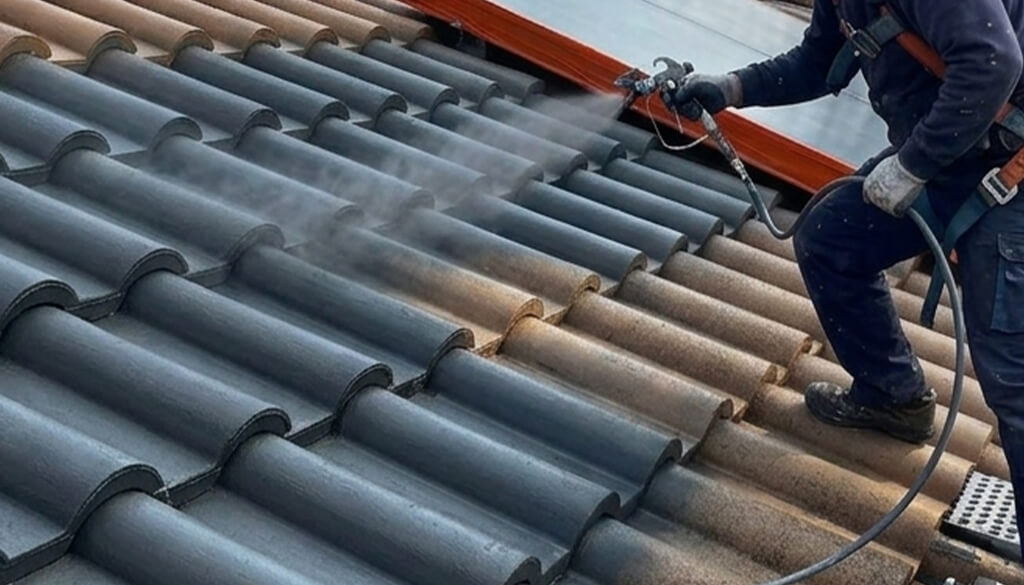 Ein Fachmann streicht das Dach mit einer Spritzpistole, Beschichtung in Anthrazit, Farbe für Keramik Dachziegel