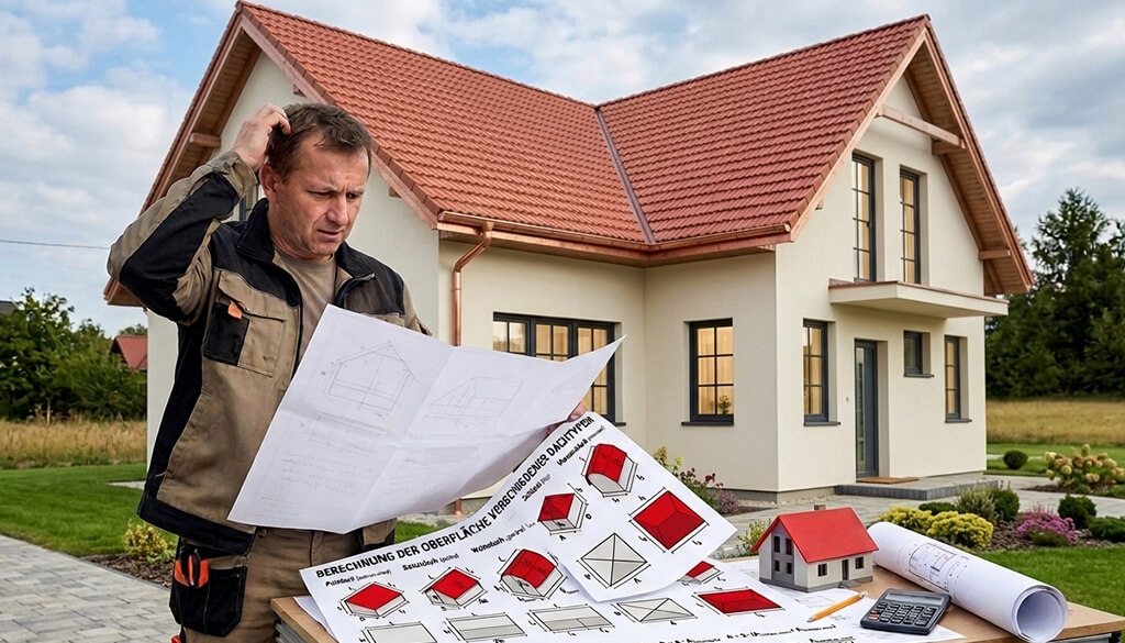 Ein Handwerker steht vor einem Haus und schaut auf die Pläne wie er Dachfläche berechnen kann
